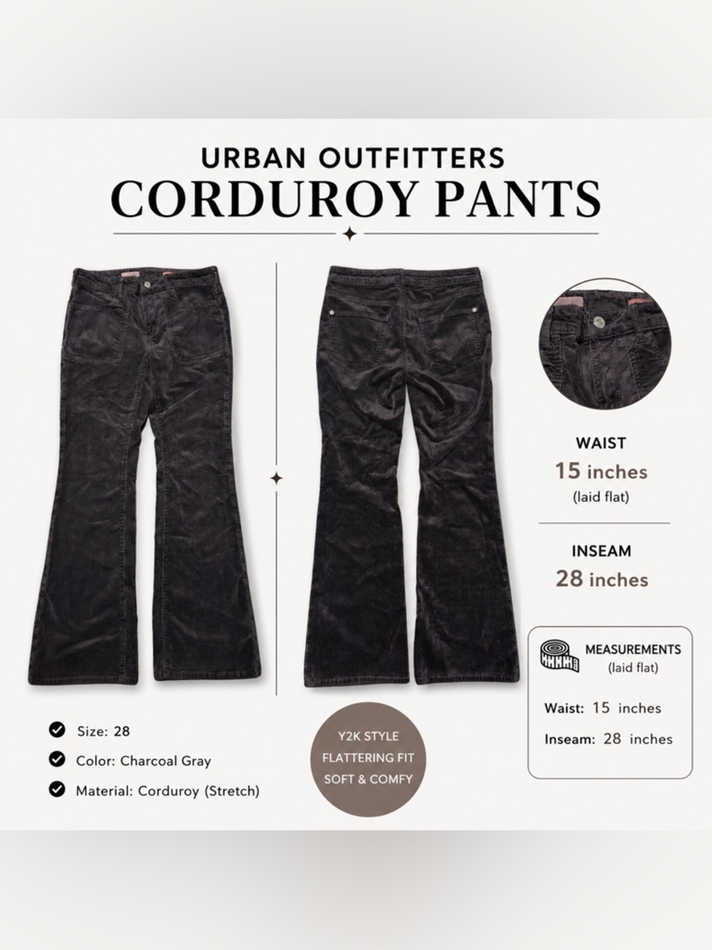 Urban Outfitters Gray Corduroy Flare Pants Size 28 Y2K Stretch Retro - Picture 6 of 6